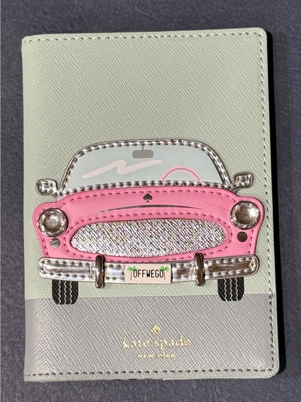 kate spade mint and pink passport cover with car applique